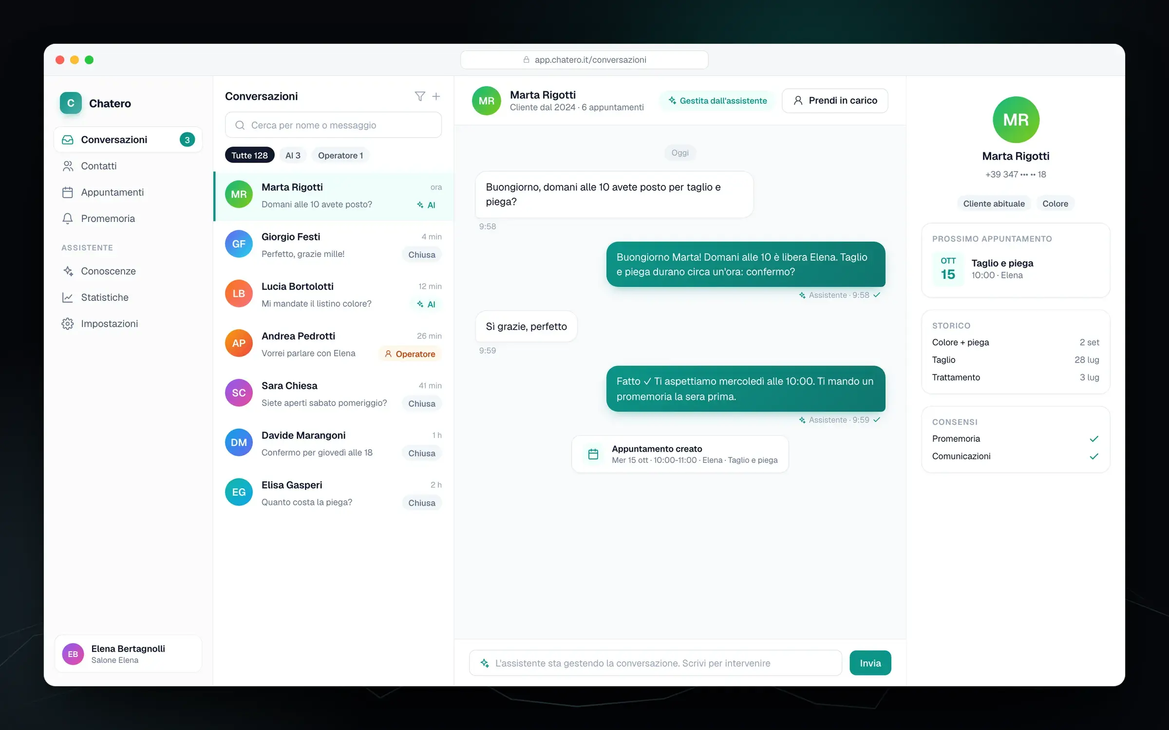 Pannello conversazioni di Chatero con elenco chat e dettaglio messaggi