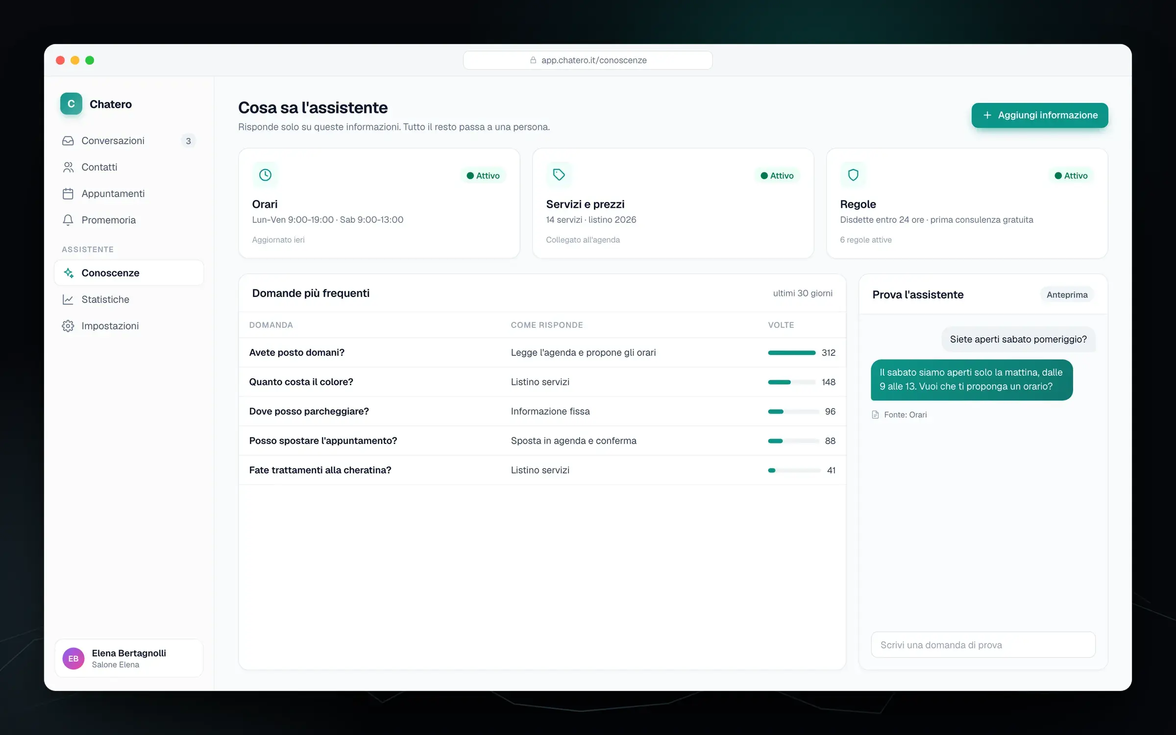 Configurazione delle conoscenze aziendali in Chatero