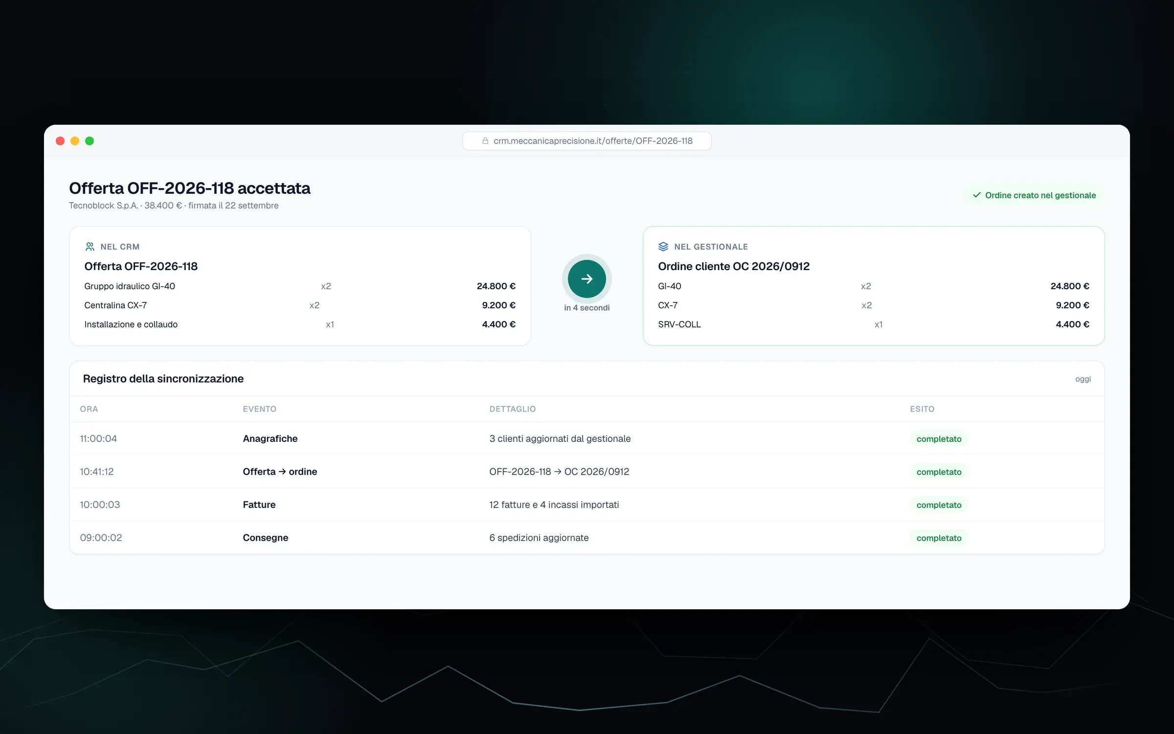 Offerta accettata nel CRM trasformata in ordine nel gestionale