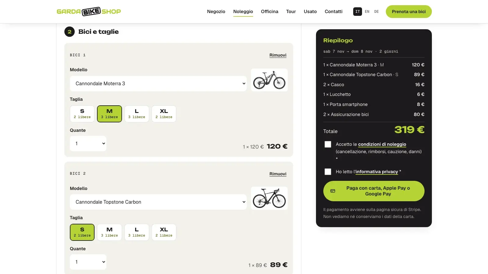 Noleggio bici online e dashboard per Garda Bike Shop