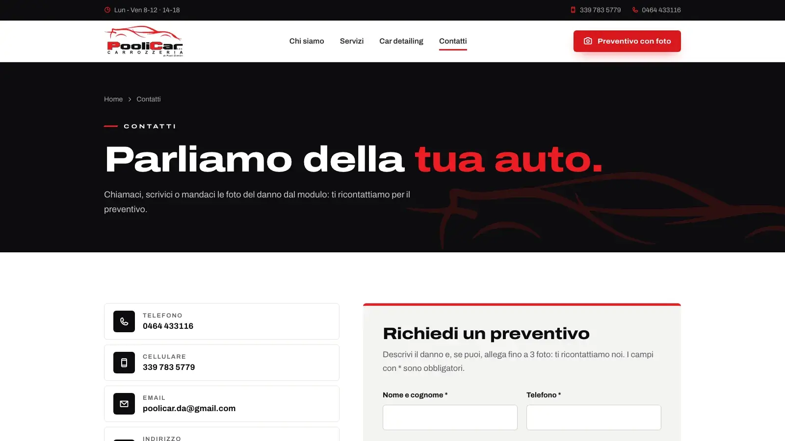 La pagina contatti con la richiesta di preventivo