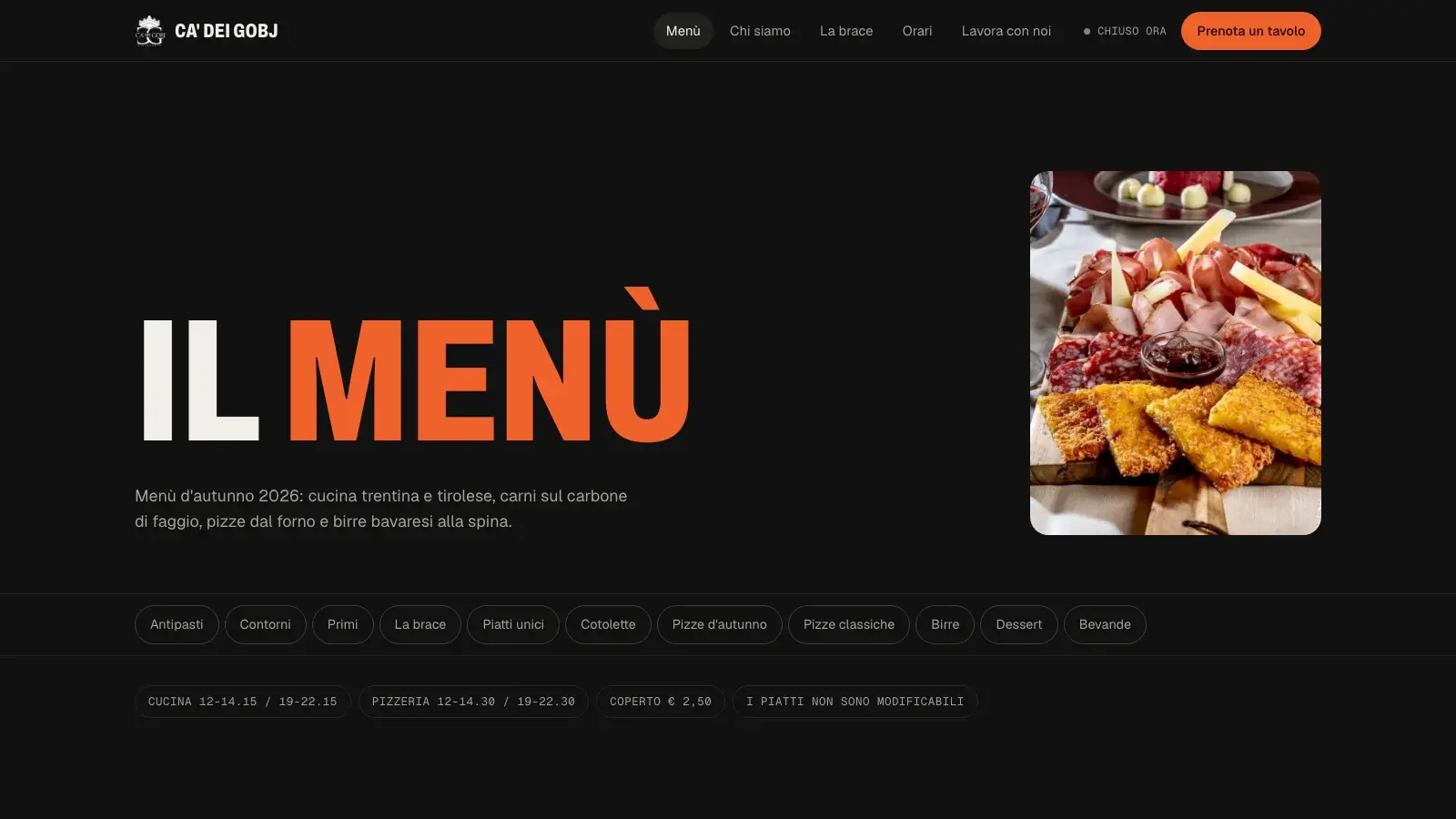 La pagina del menù, con le sezioni e i prezzi