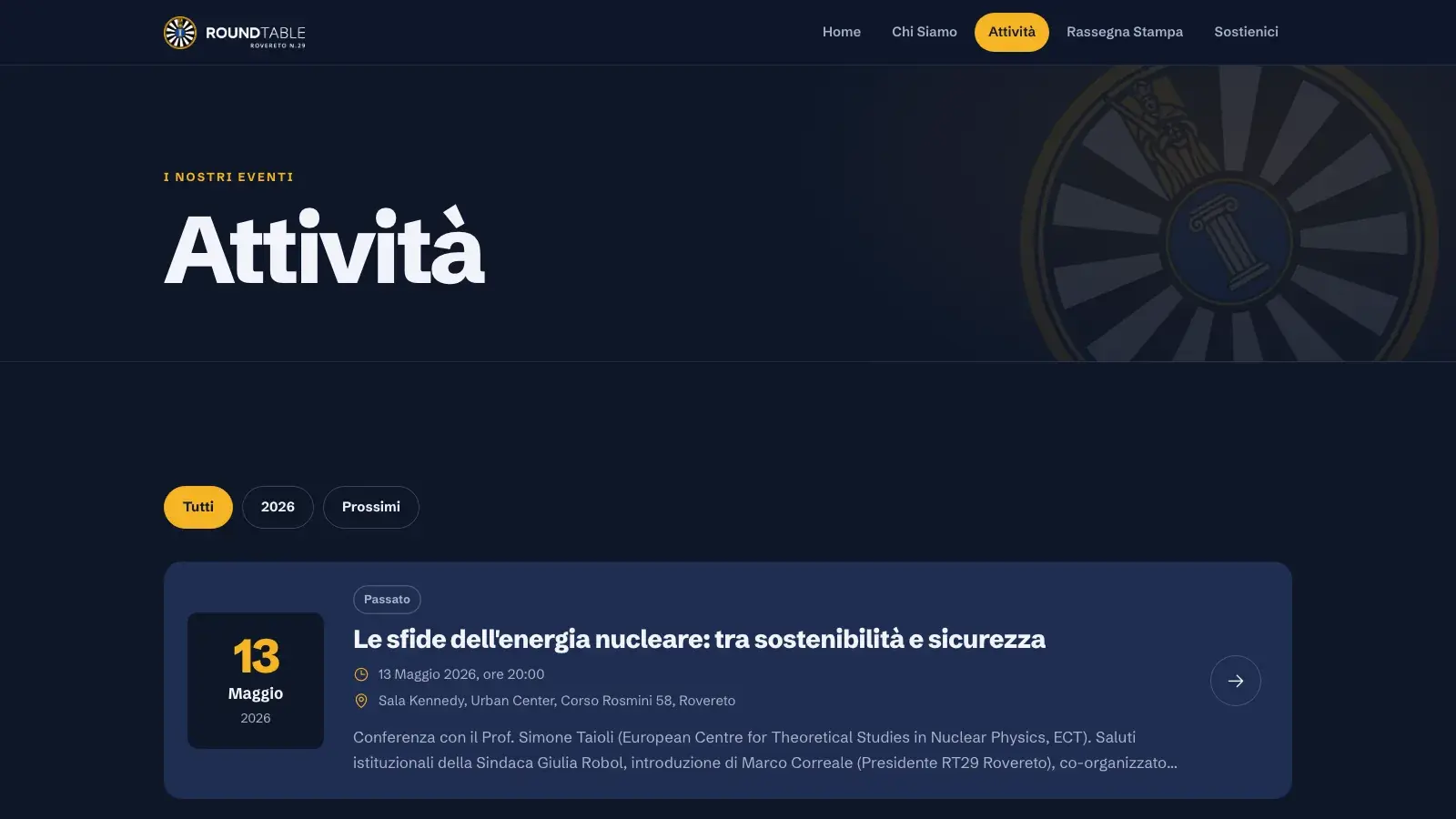 La pagina delle attività, con eventi prossimi e passati