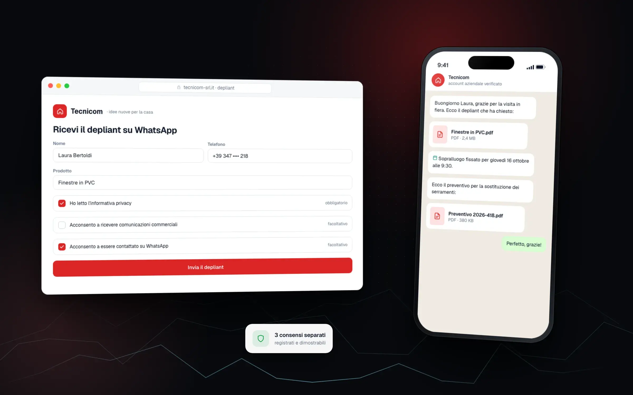 WhatsApp con consensi e preventivi per Tecnicom
