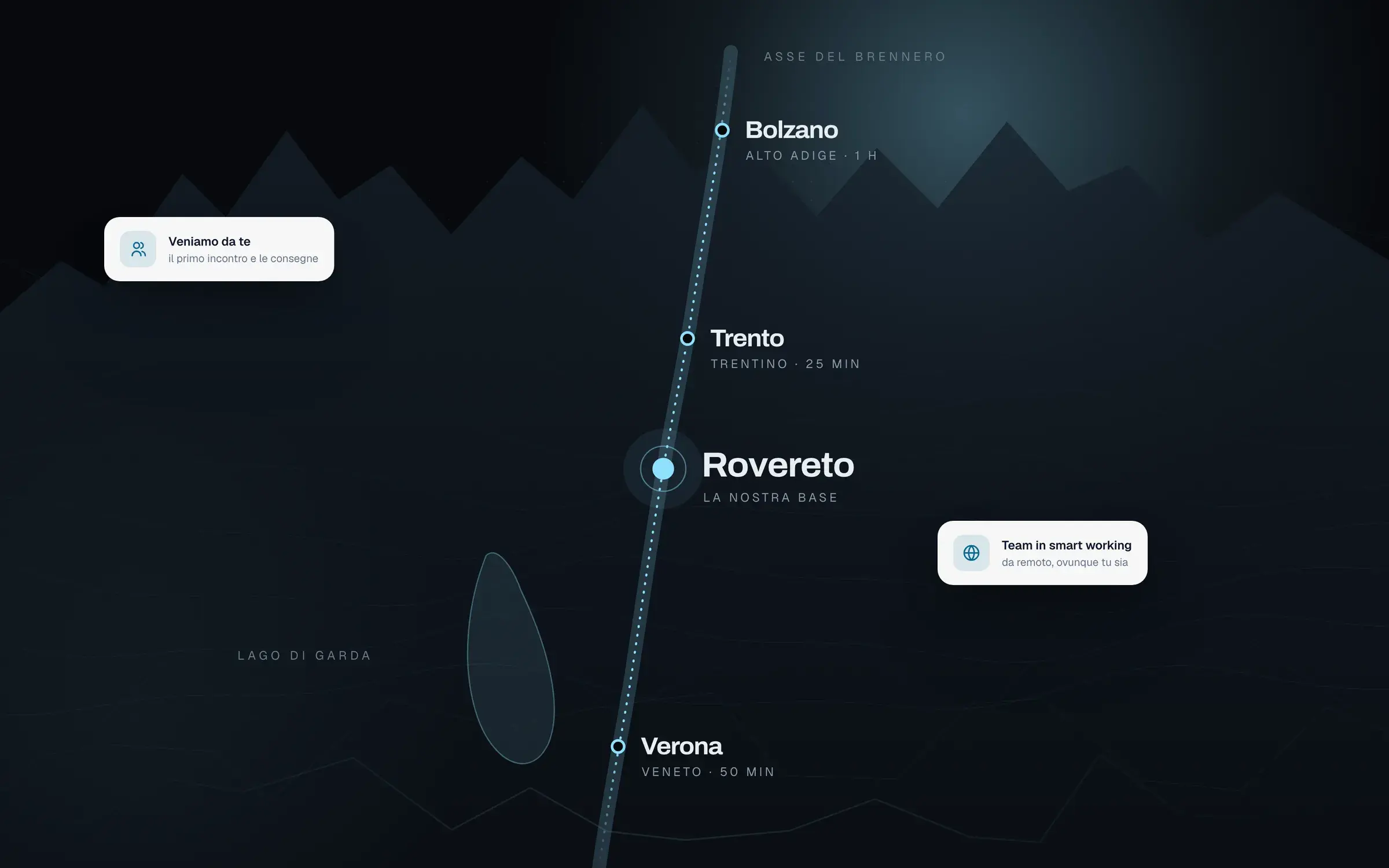 Mappa dell'asse del Brennero: Alpocode lavora da Rovereto con aziende di Trento, Bolzano e Verona